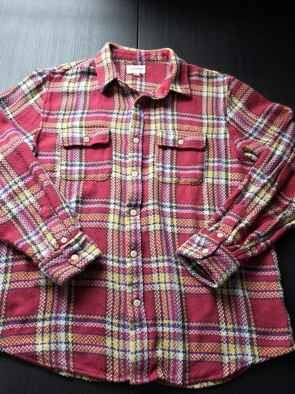 Lucky Brand Mens Knitted Shirt Jacket Long Sleeve Button Red Yellow Size Large